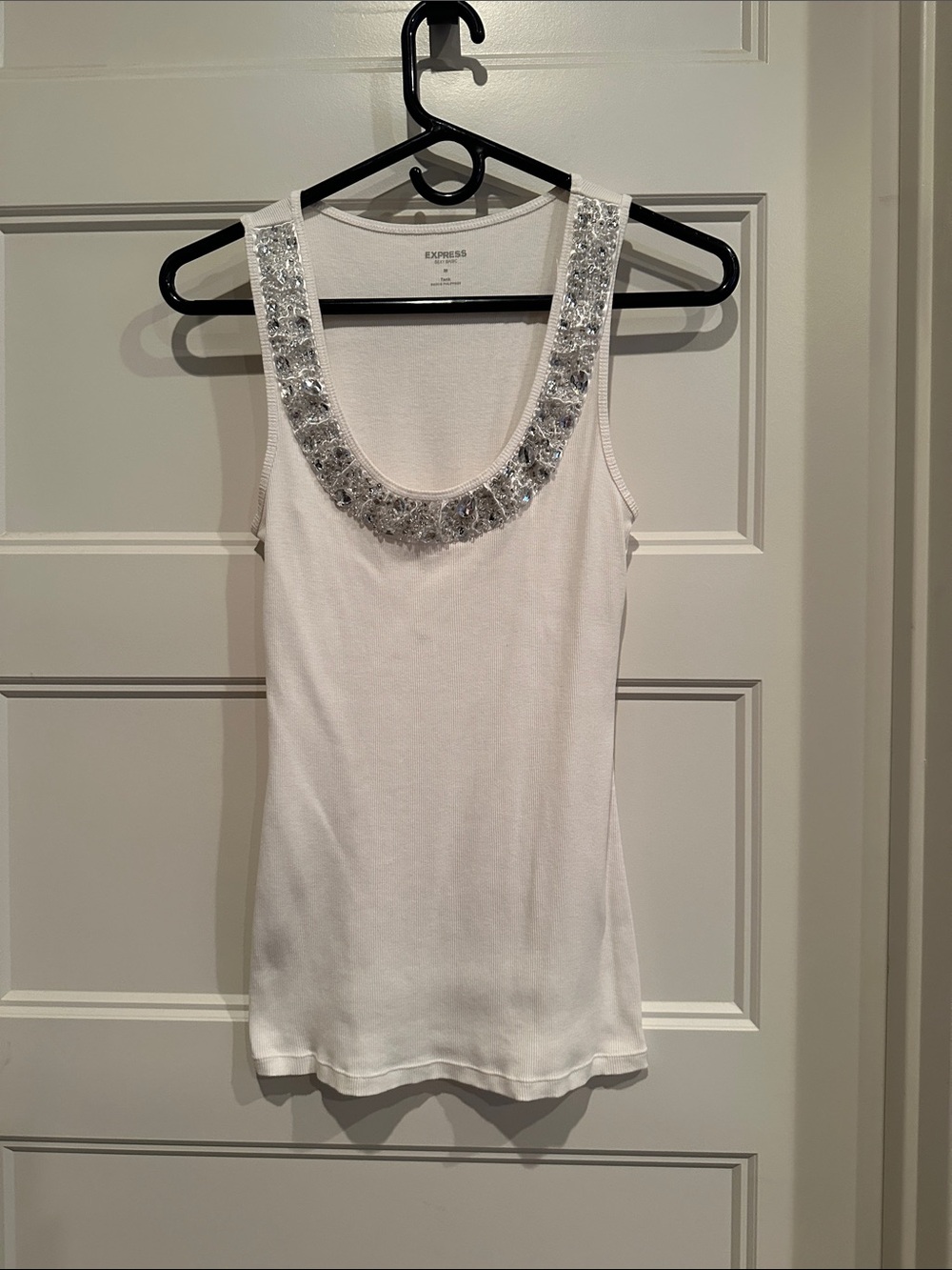 Express White Tank Top with Silver Beaded Scoop Neck